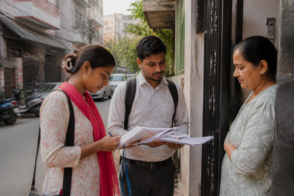Delhi SIR voter reverification officials checking electoral roll records at a household