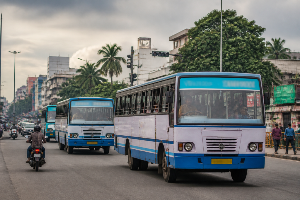 Kerala private bus strike threat with buses serving commuters on a busy urban road