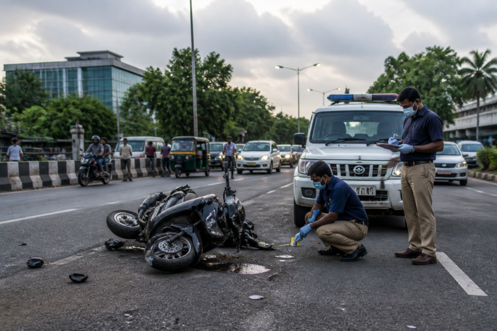 Police investigation at the Kochi Mini Cooper crash site near Nedumbassery airport road
