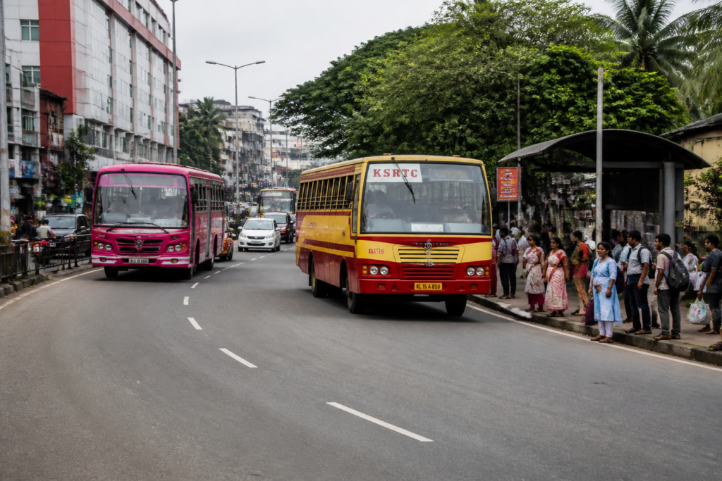 Kerala private bus sector vehicles operating alongside KSRTC buses on a busy urban road