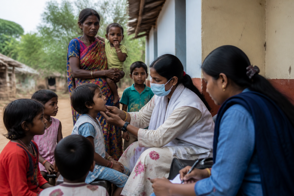 Health workers screen children in a remote Kabirdham village after reported child deaths.