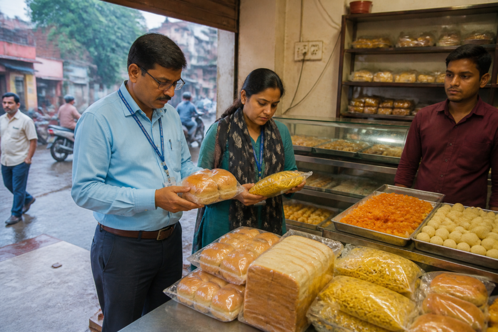 Palamu food safety raids inspect packaged buns and sweets at a food outlet in Daltonganj
