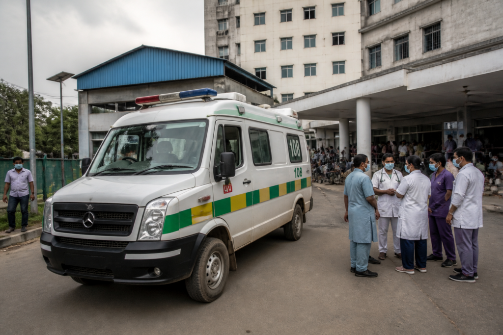 Jharkhand 108 ambulance service vehicle outside a public health facility