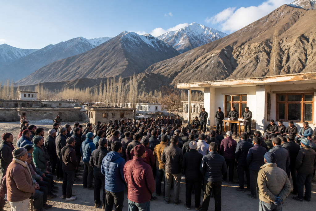 Sankoo district announcement in Ladakh with mountain settlements and a local administrative gathering