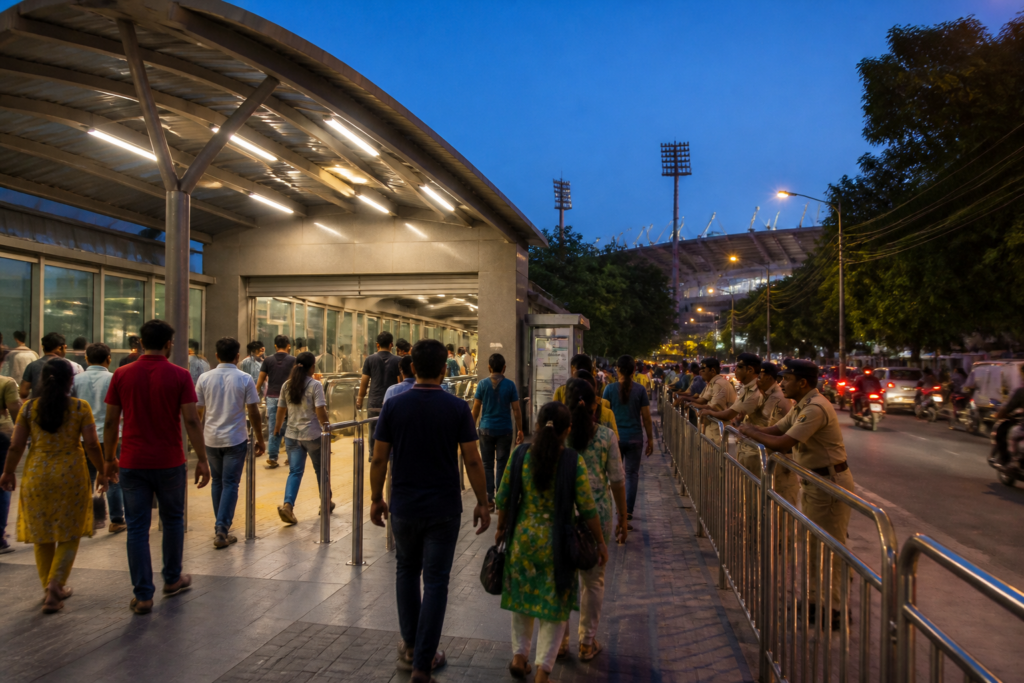 Bengaluru Metro train and station serving cricket spectators near Chinnaswamy Stadium