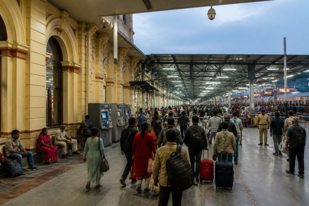 Mysuru Dasara railway arrangements at a crowded railway station with passenger assistance and security staff