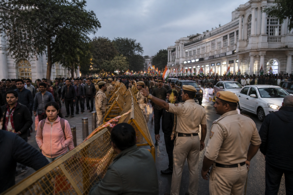 Delhi Police detentions during a protest near Connaught Place in New Delhi