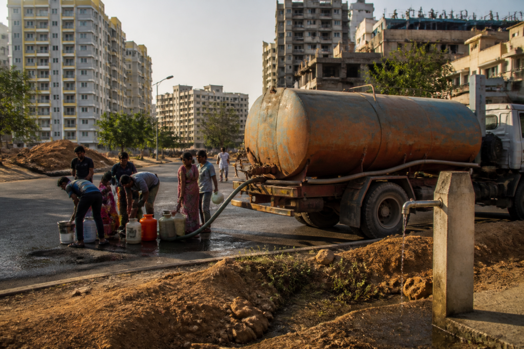 Hyderabad water shortage reflected by a municipal water tanker near an urban neighbourhood