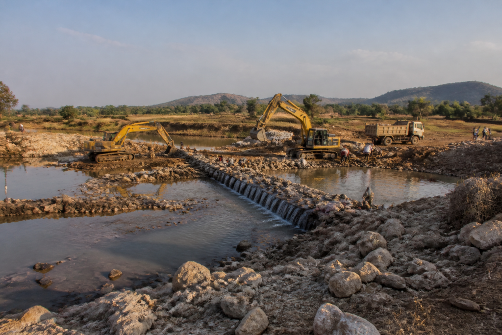 Pune water conservation work on a rural check dam in drought-affected Maharashtra