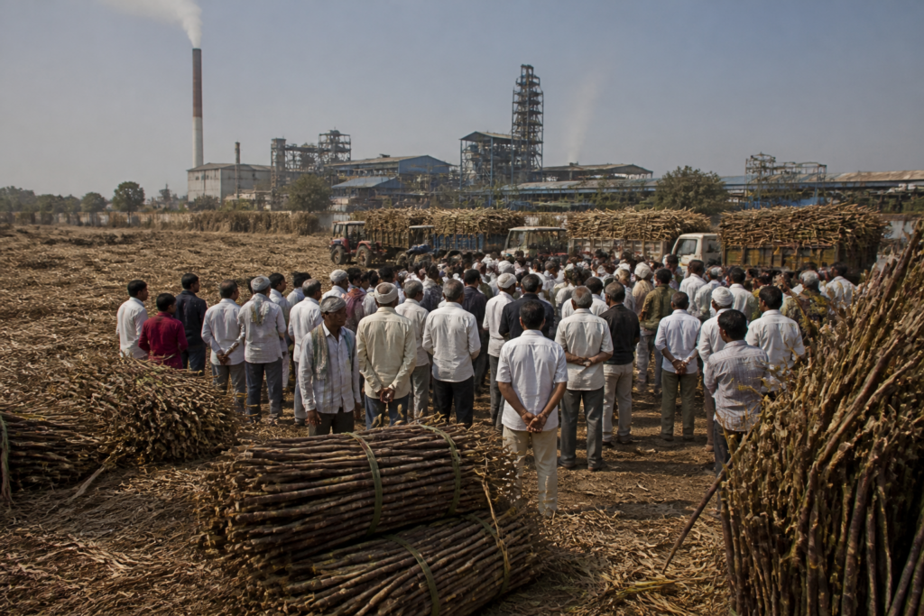 Sugarcane farmers protest and standing sugarcane fields in drought-hit Maharashtra