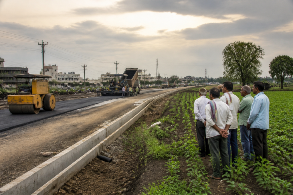 Pune-Shirur highway construction near farmland in Kondhapuri, with roadside trees and agricultural land