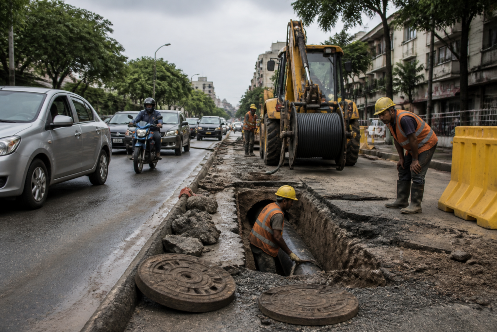 Pune civic services workers repairing drainage infrastructure on an urban street