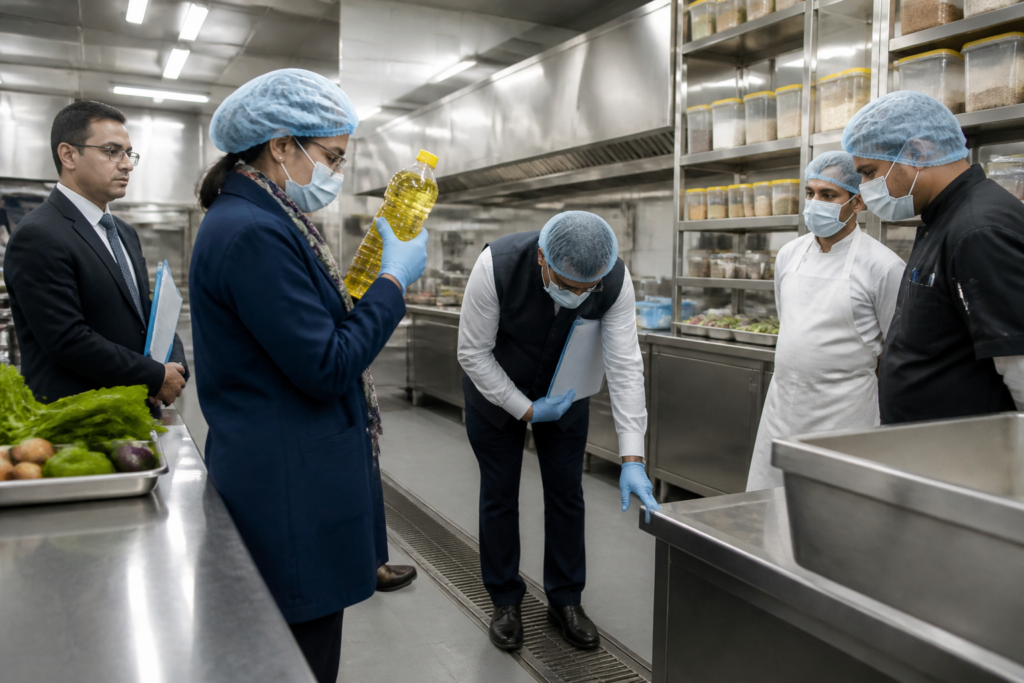 FSSAI food safety action involving a Delhi hotel kitchen inspection and packaged rice bran oil