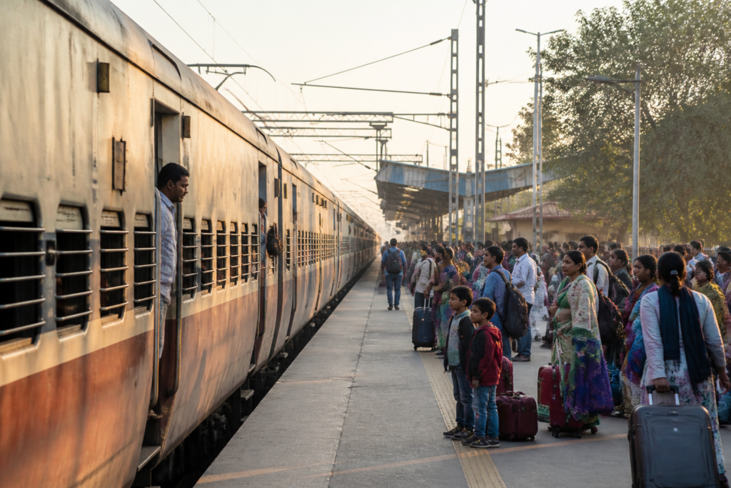 Asarwa-Prayagraj special train at an Indian railway station during festival travel season