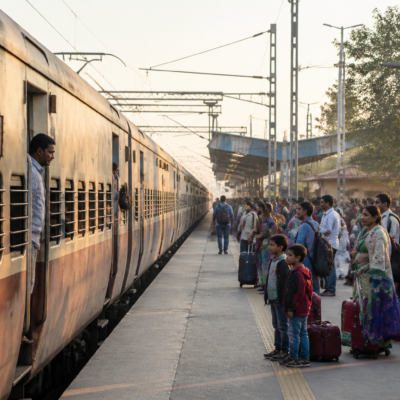 Asarwa-Prayagraj special train at an Indian railway station during festival travel season