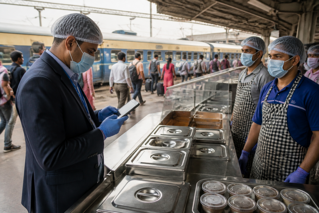 Railway food safety inspection at a station food stall with an auditor recording digital evidence