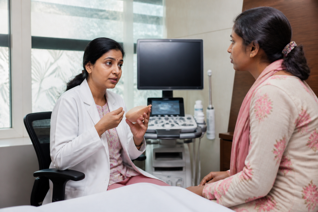 Breast cancer screening awareness event with women and a healthcare professional in Chennai