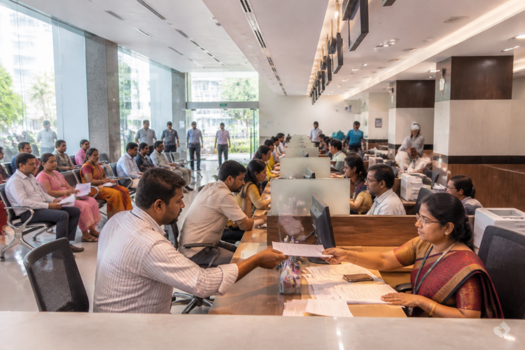 Tamil Nadu registration hub concept with citizens waiting at a modern property registration facility