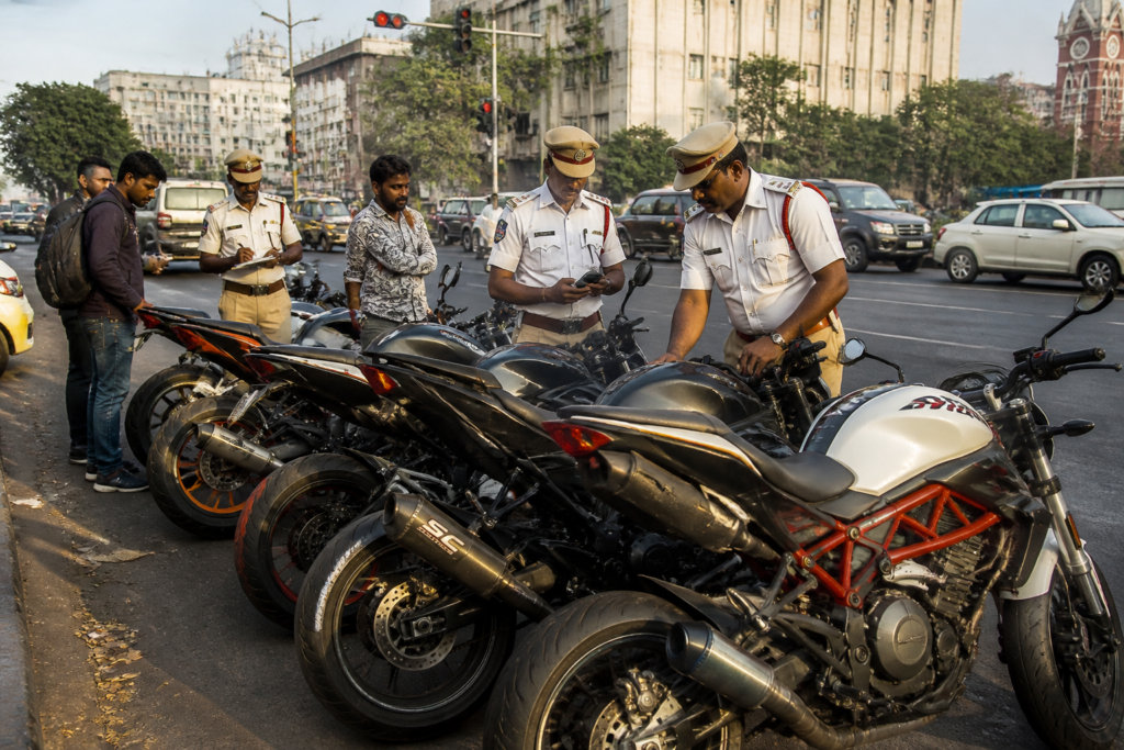 Modified bikes in Chennai being inspected after illegal road stunts on a city street