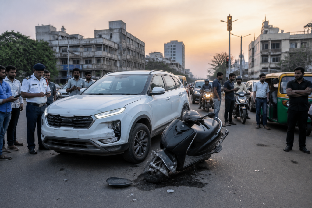 Ahmedabad road accident scene involving a car and scooter near a city traffic signal