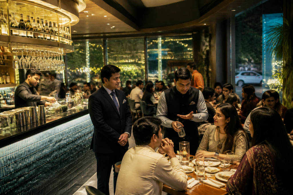Kolkata restaurant alcohol limit displayed at a busy city dining venue during the puja season