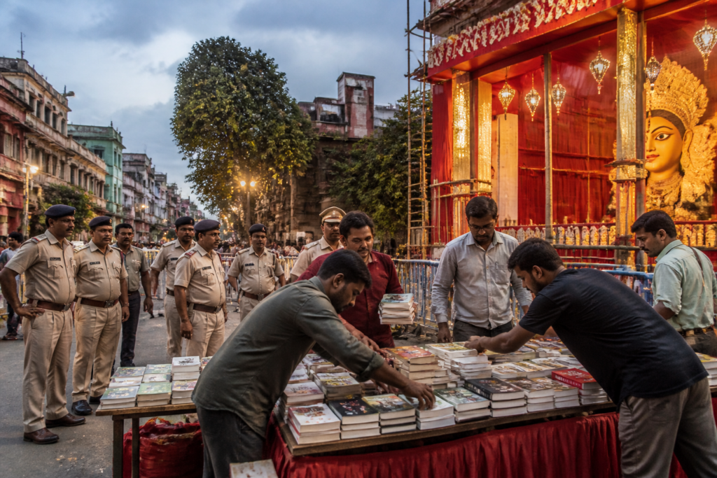 Kolkata book stalls being set up near a puja pandal amid a permissions dispute