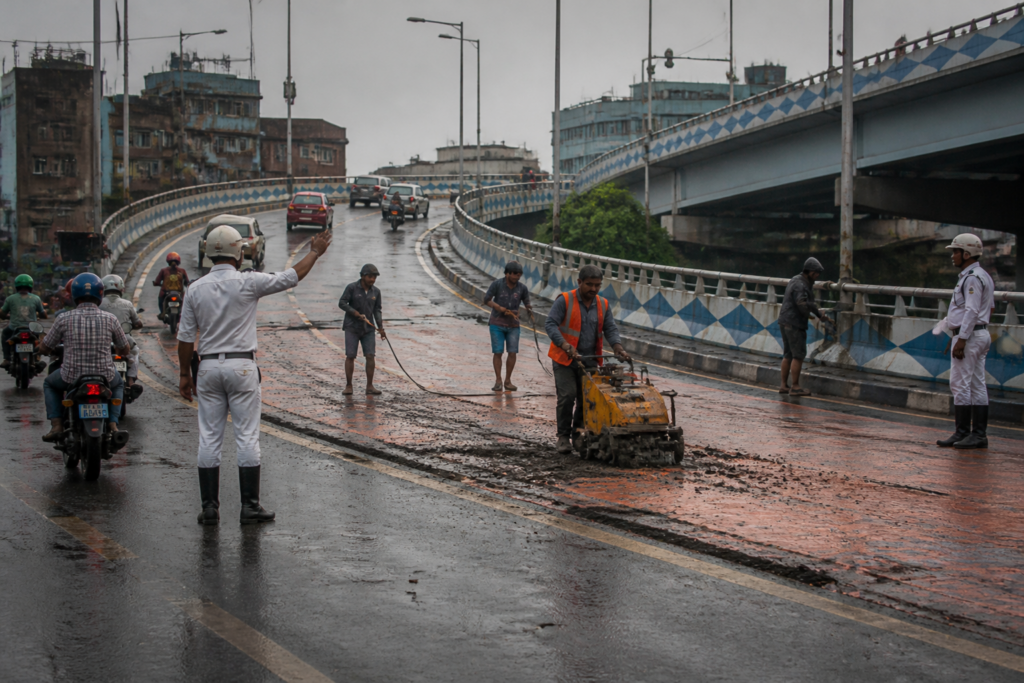 Chingrighata flyover in Kolkata with painted road surface and traffic safety measures