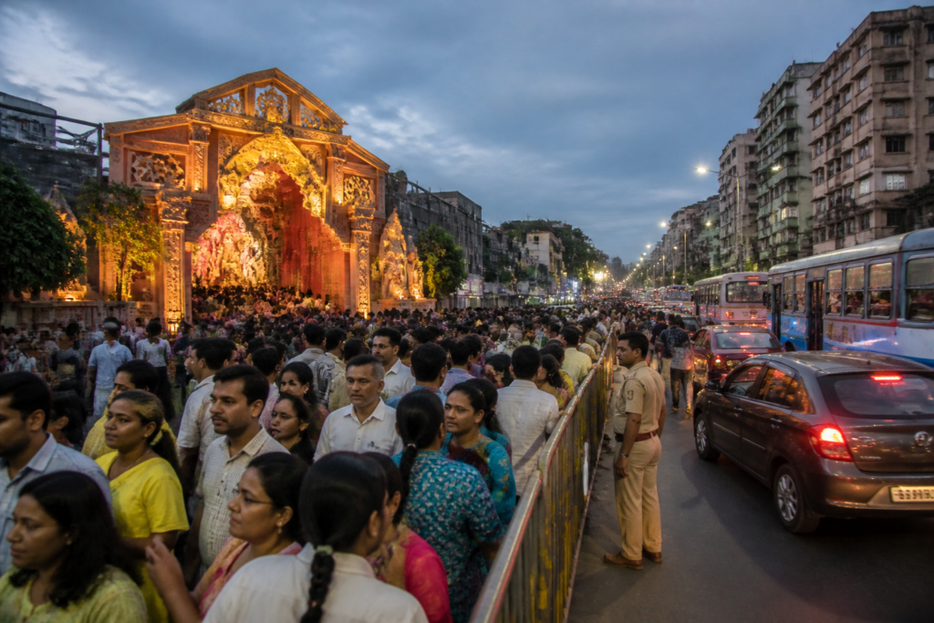 Kolkata Durga Puja footfall crowds outside a suburban pandal with police managing traffic