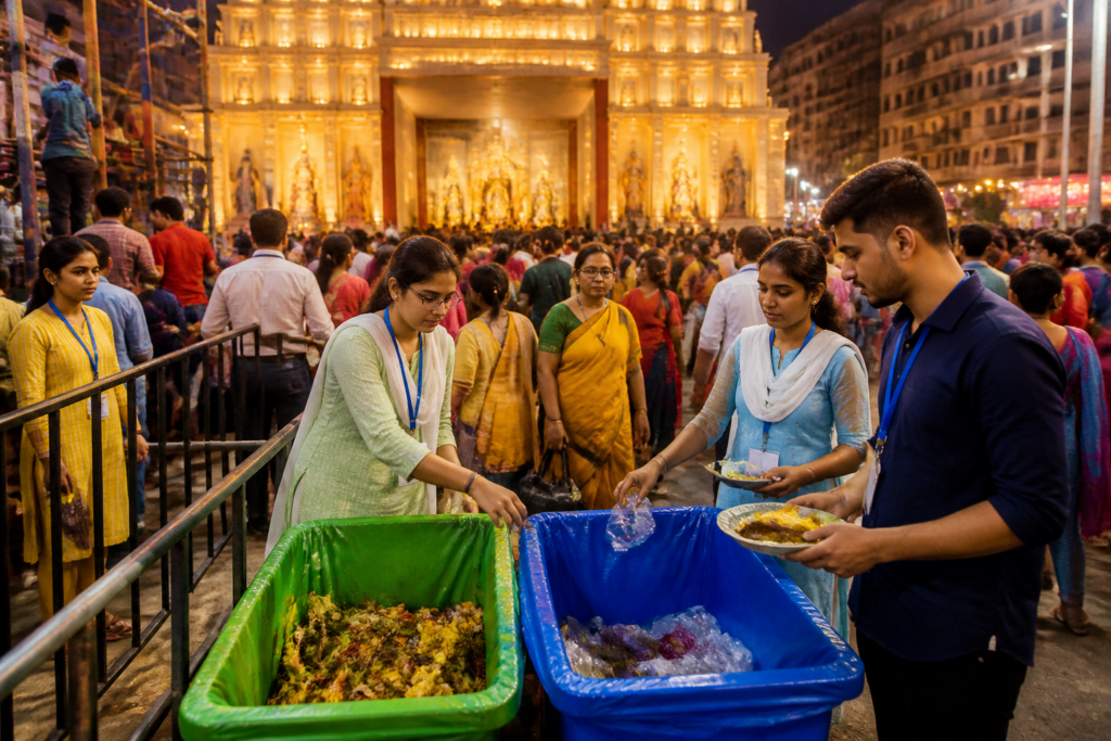 Zero-waste Durga Puja waste segregation bins at a Kolkata pandal