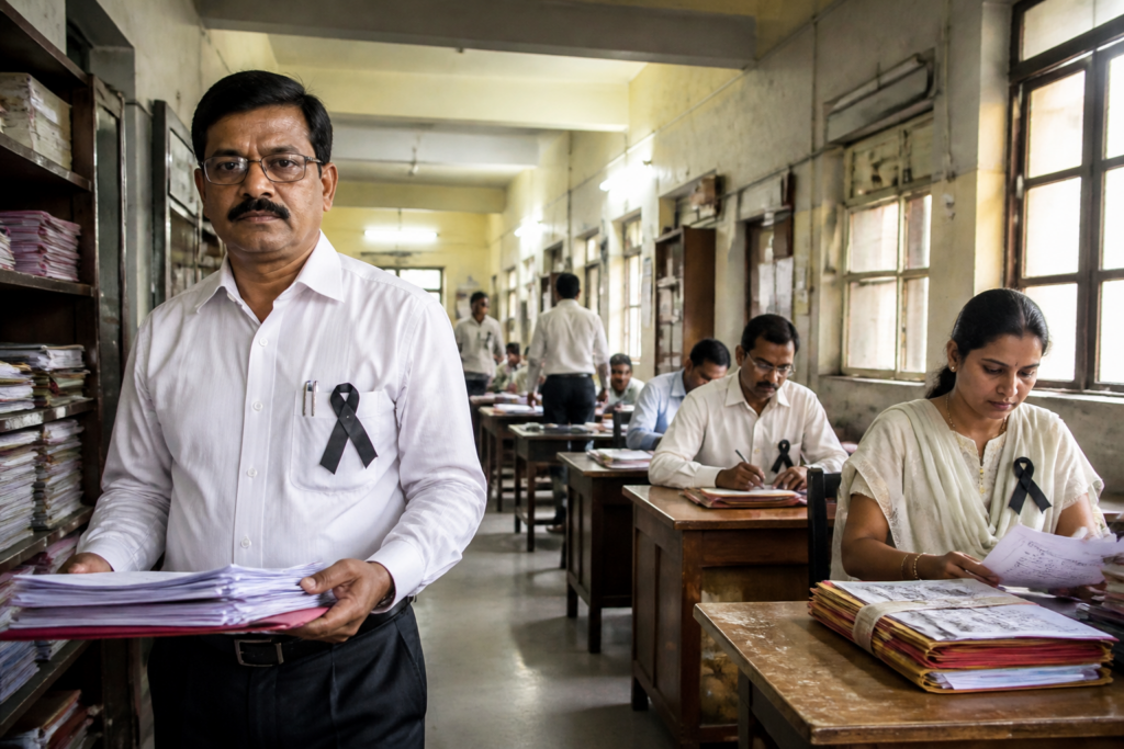 Maharashtra judicial employees wearing black ribbons during a pay-scale protest