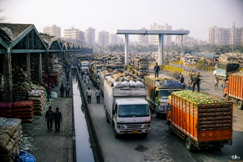 Delhi agricultural markets with produce vehicles and upgraded internal roads near a wholesale market
