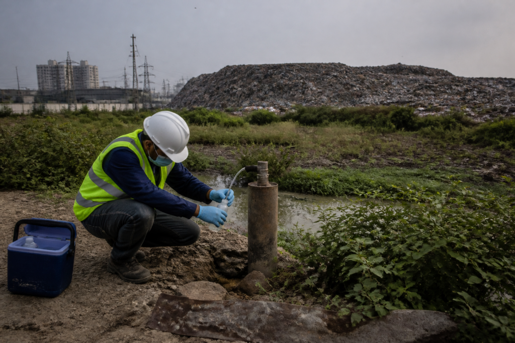 Ghazipur groundwater testing near Delhi’s landfill, with waste mounds and monitoring equipment