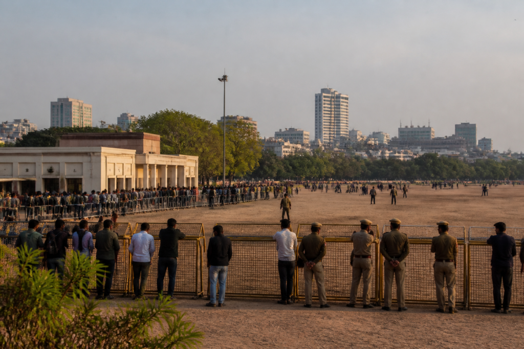 Delhi protest booking rules at Ramlila Maidan, with an urban public ground prepared for a gathering