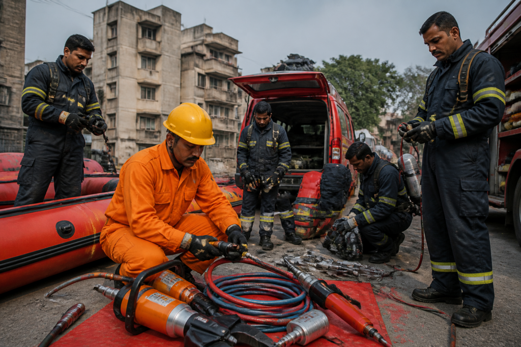 Delhi disaster response force personnel preparing rescue equipment for urban emergencies