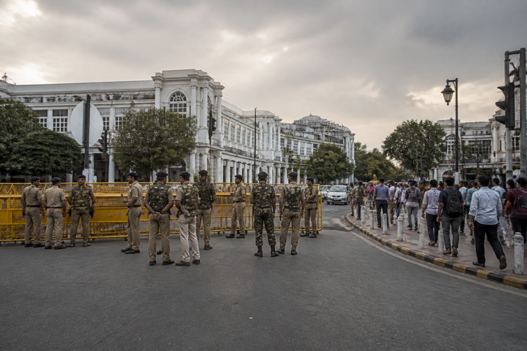 Connaught Place security barricades and police personnel deployed near Central Park in Delhi