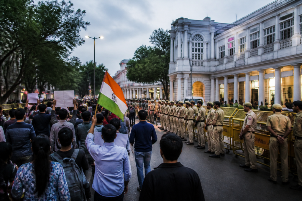 Delhi protests near Connaught Place with Tricolour-carrying demonstrators and police deployment