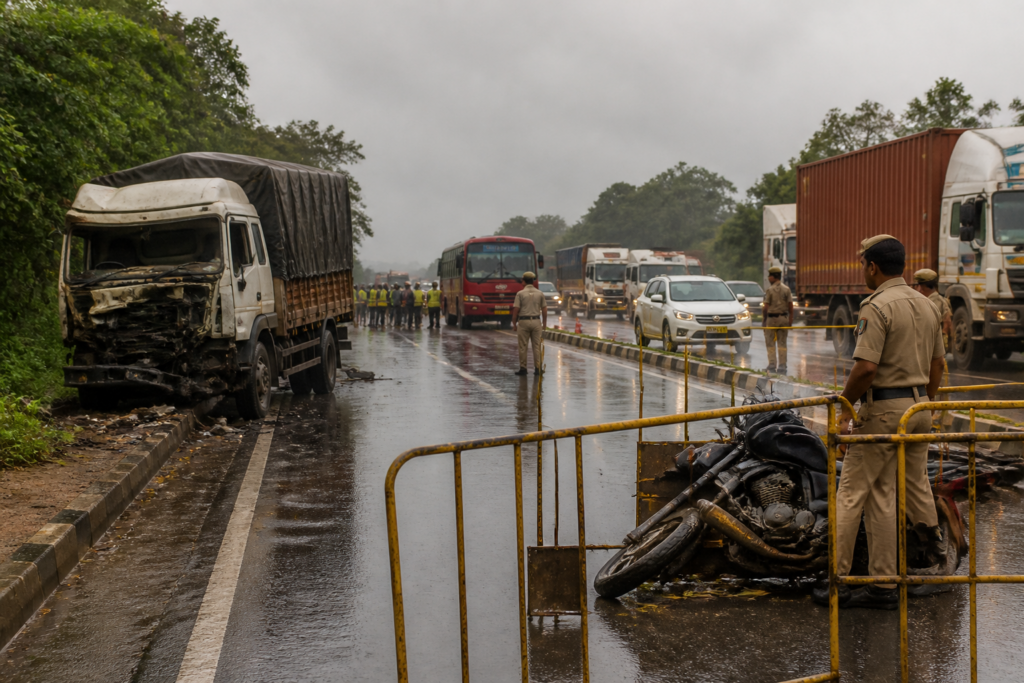 Bengaluru-Bantwal highway traffic after fatal crashes involving trucks, a motorcycle and a bus