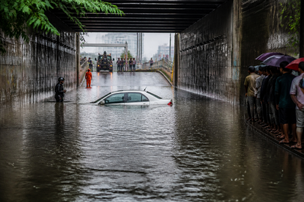 Panathur underbridge flooding leaves a white car stranded in Bengaluru