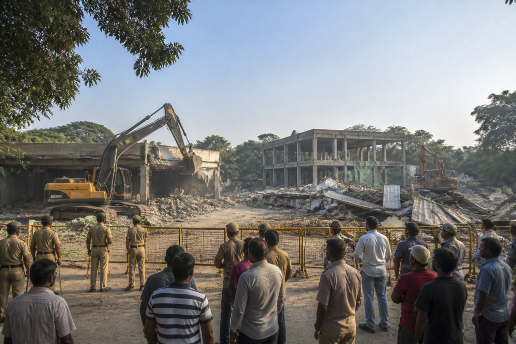 Hyderabad defence land demolition at a function hall site in Sikh Village