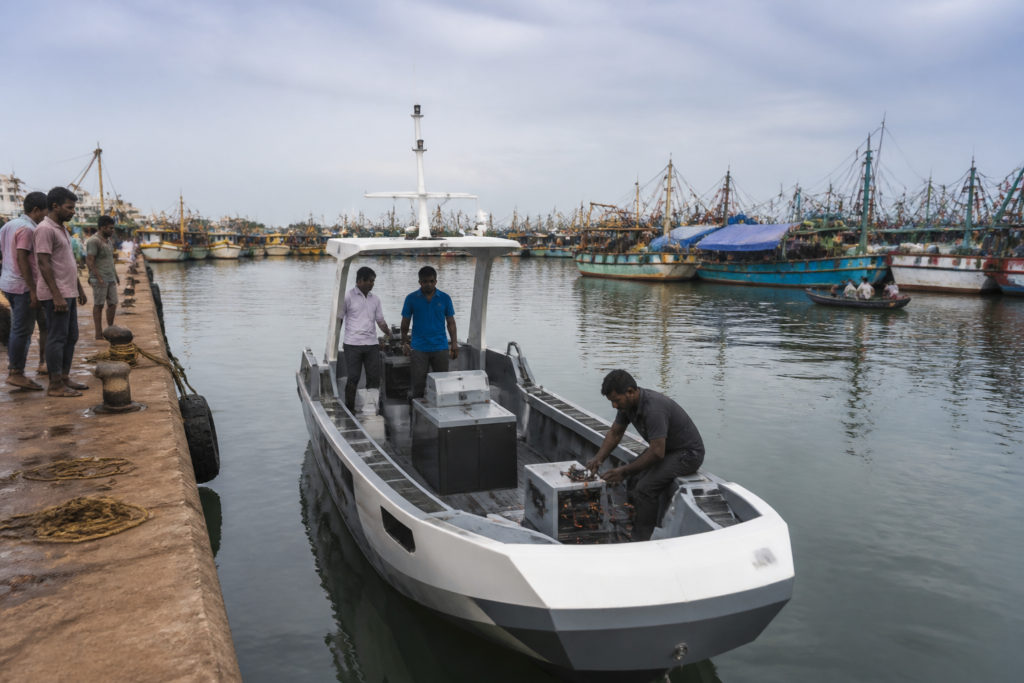 Electric fishing boat prepared for launch in Kakinada