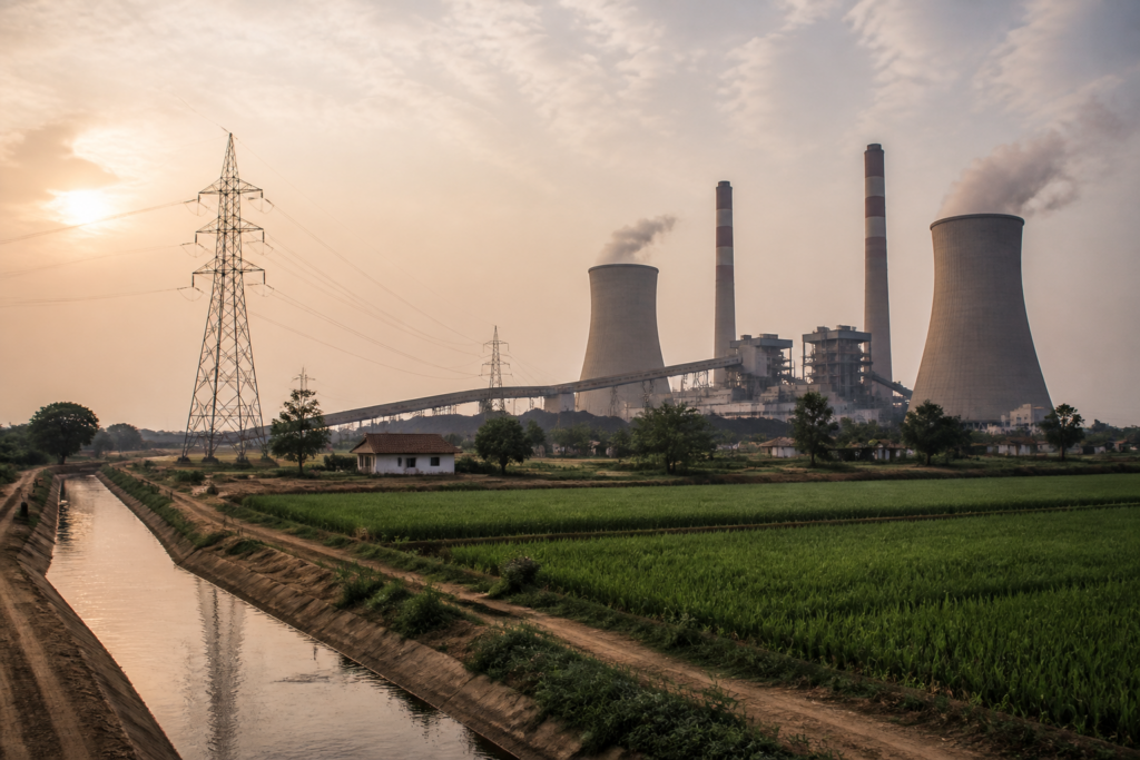Telangana power crisis represented by a coal-fired power plant and transmission lines near an Indian agricultural landscape