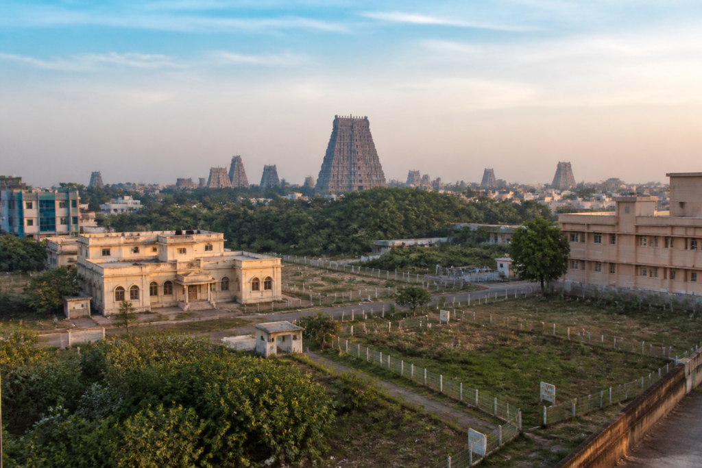 Srirangam temple land and the Ranganathaswamy Temple complex in Tiruchirappalli