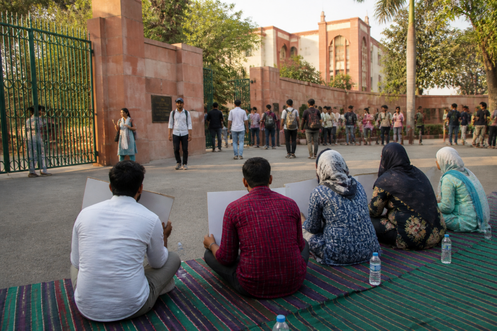 Jamia student union protesters outside Jamia Millia Islamia in Delhi