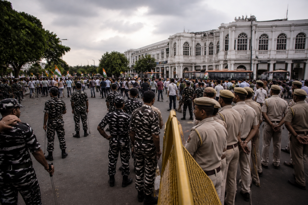 Delhi Police deployment during a Connaught Place protest near Central Park