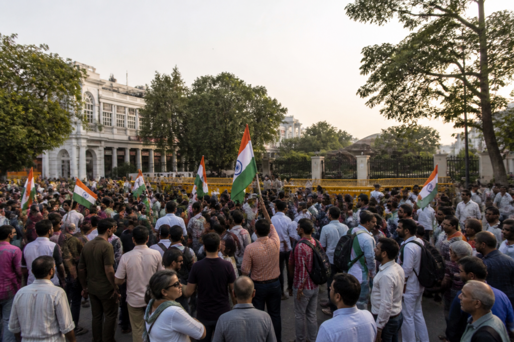 Tiranga March Delhi protesters holding national flags outside Palika Bazaar in Connaught Place