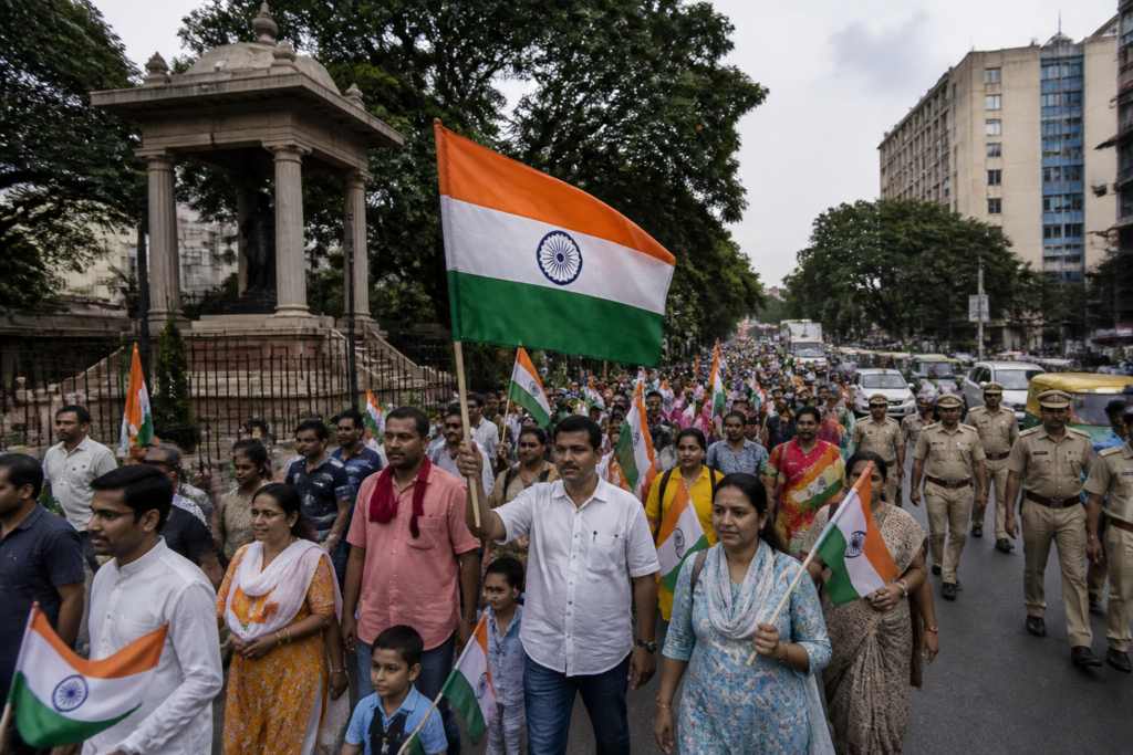 Bengaluru Tiranga march participants carrying Indian flags near the Quit India Memorial
