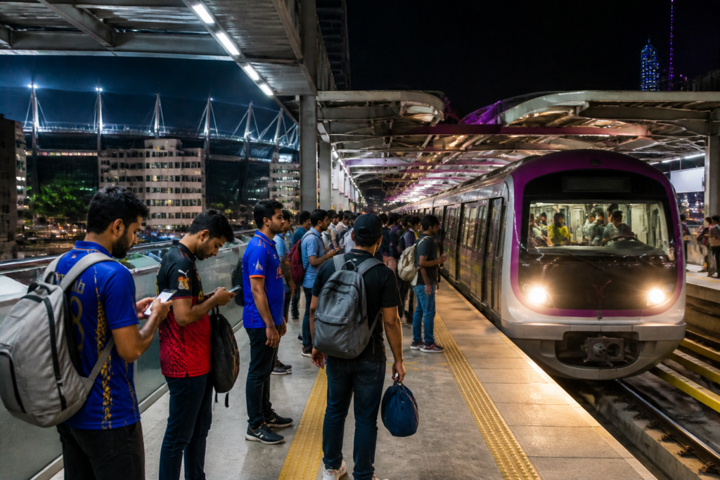 Bengaluru Metro train serving commuters near the stadium during a late-night T20 match