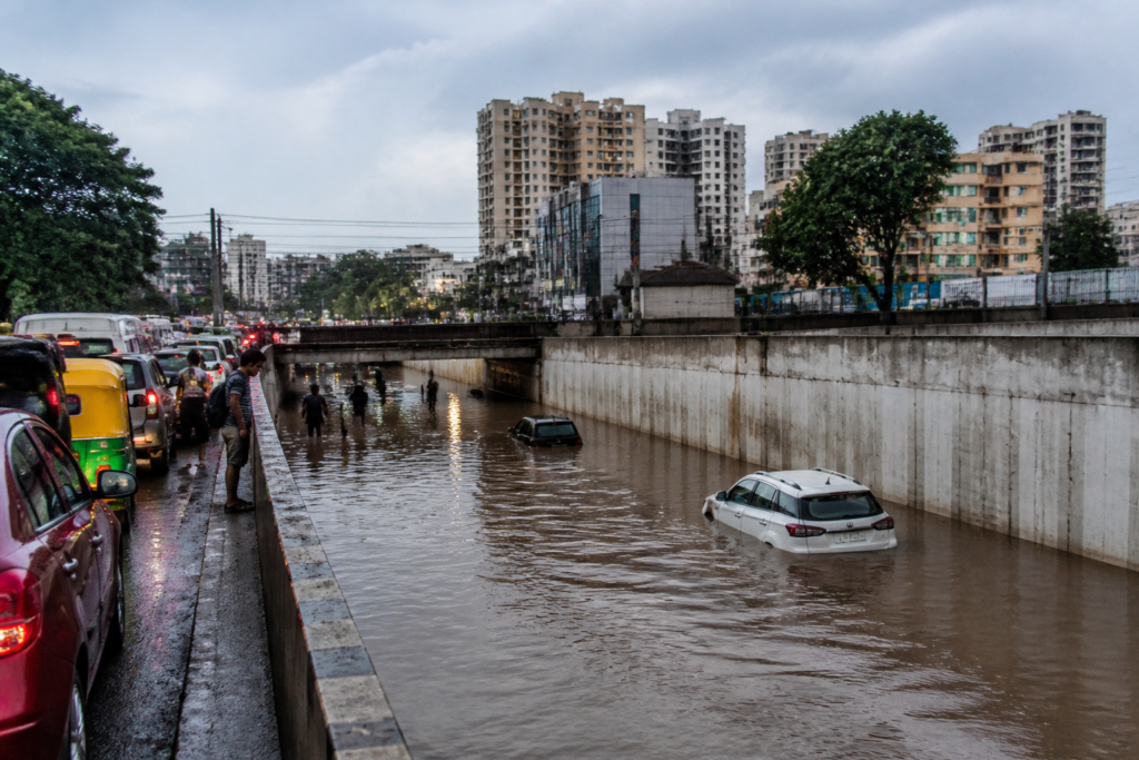 Bengaluru waterlogging floods the Panathur Railway Underbridge during heavy rain.