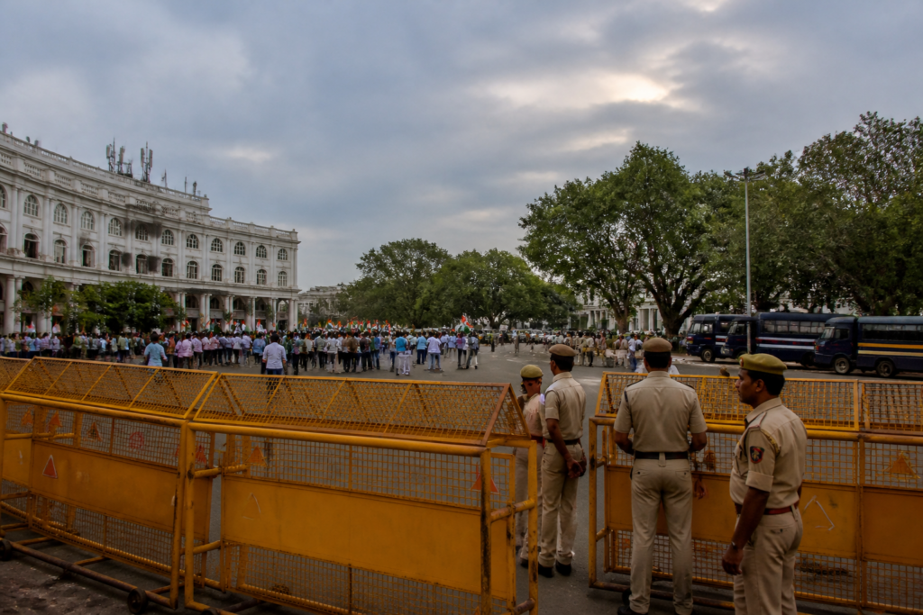 Delhi Tiranga protest security barricades near Central Park in Connaught Place