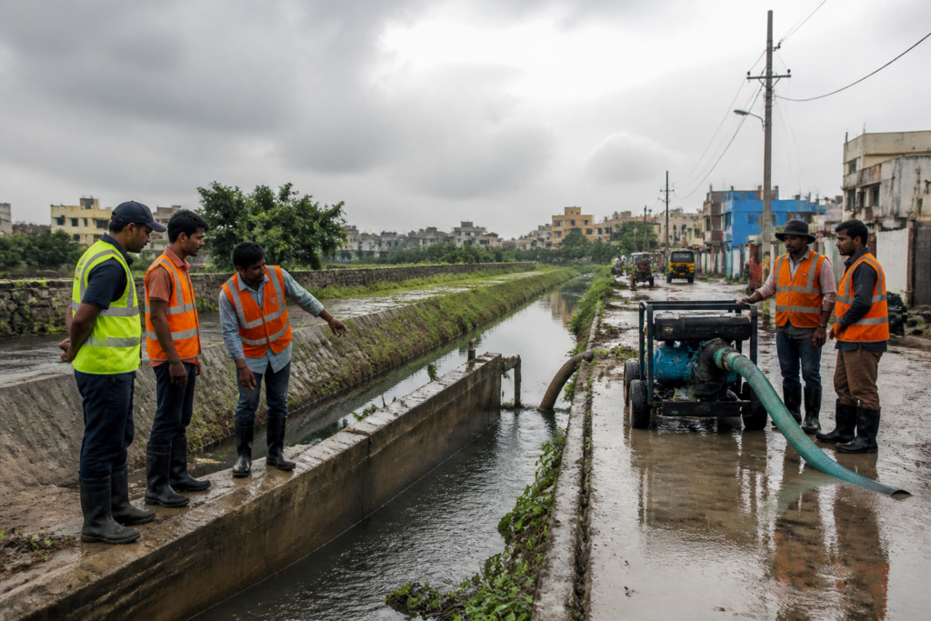 Chennai monsoon preparedness works near a storm-water drain and flood-prone urban road